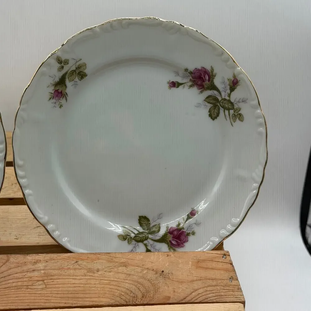 Vintage Pink Rose Porcelain Saucer / Dessert Plates with Gold Trim – Set of 5